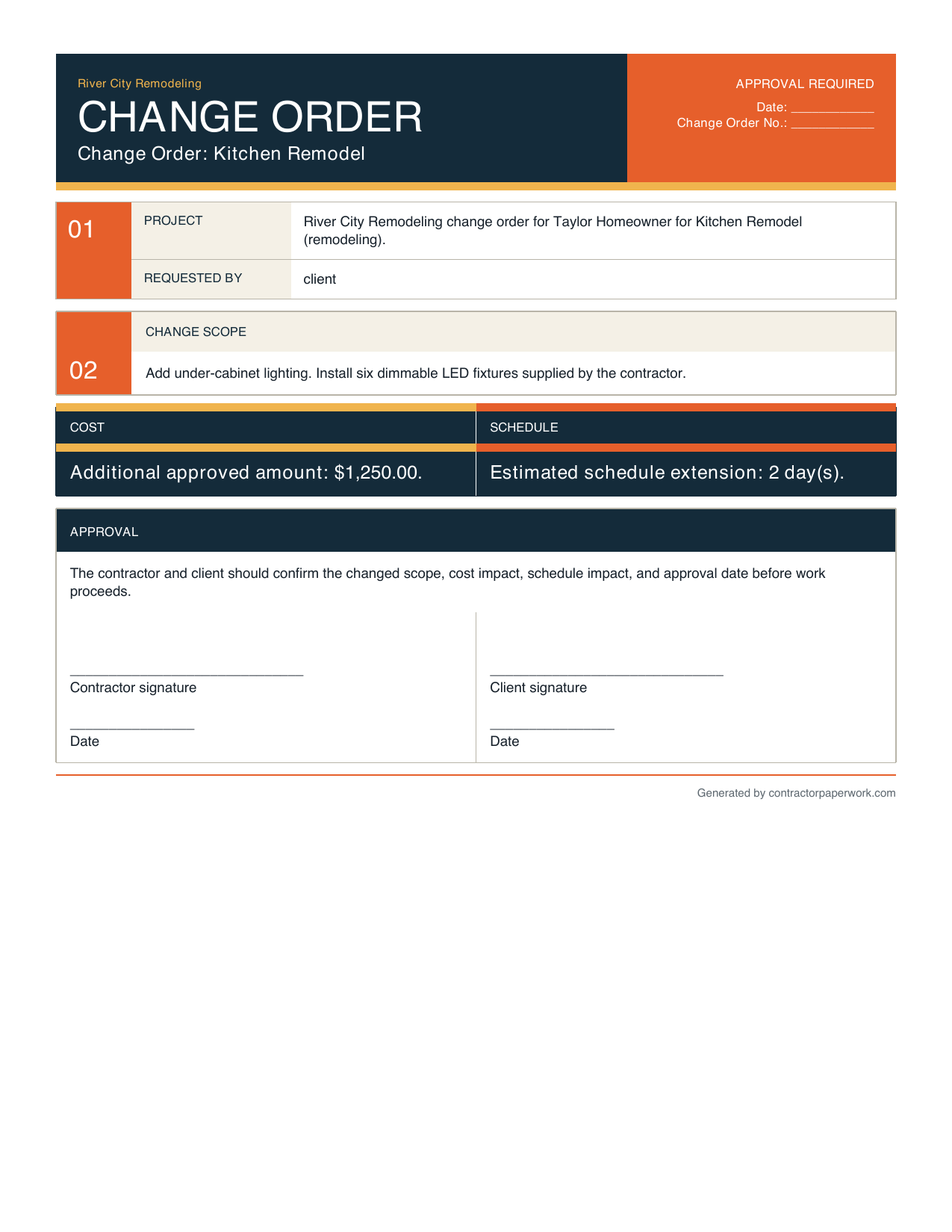 Free construction change order template PDF preview with scope, cost, schedule, and approval sections